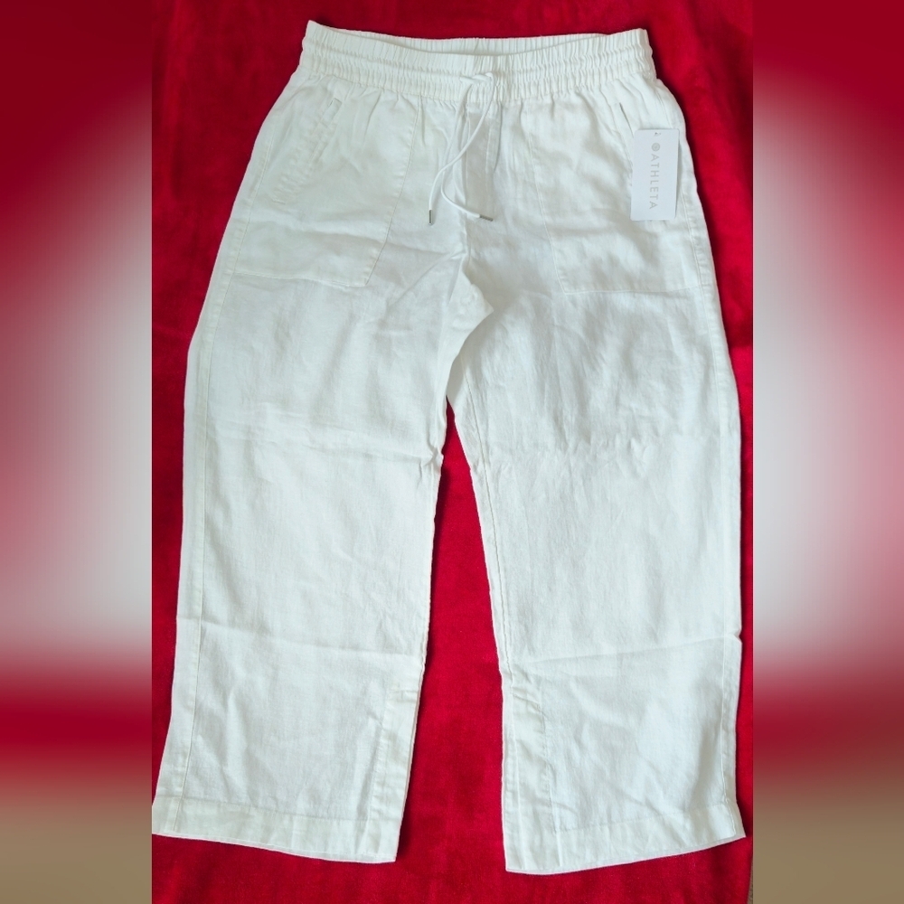 NWT- Athleta White Wide Leg 100% Linen Drawstring Pants - Size XL - Picture 3 of 10